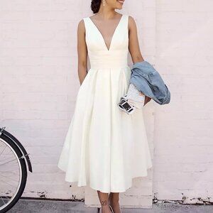 Satin V-Neck Tea Length A-Line Dress